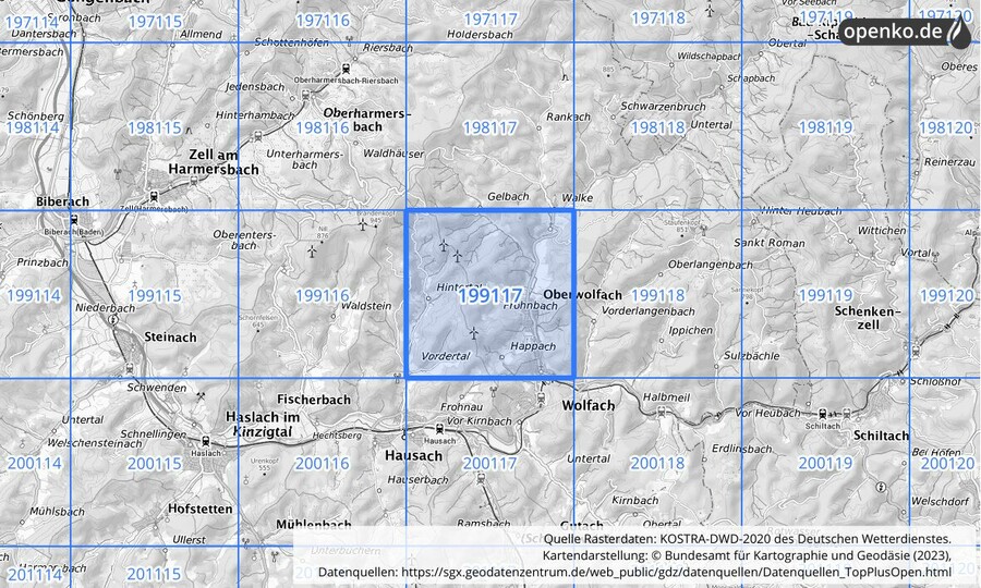 Übersichtskarte des KOSTRA-DWD-2020-Rasterfeldes Nr. 199117