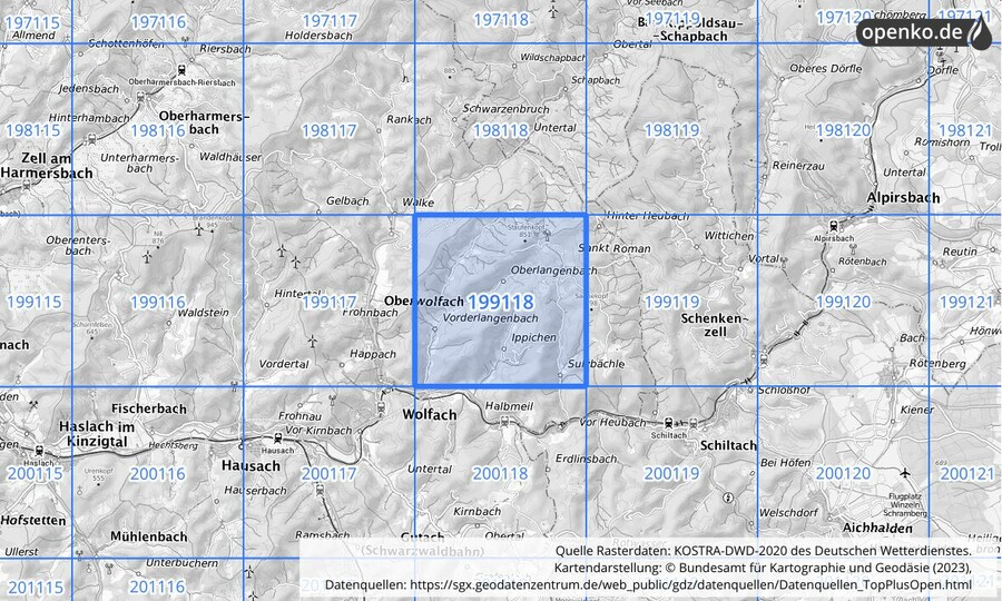 Übersichtskarte des KOSTRA-DWD-2020-Rasterfeldes Nr. 199118