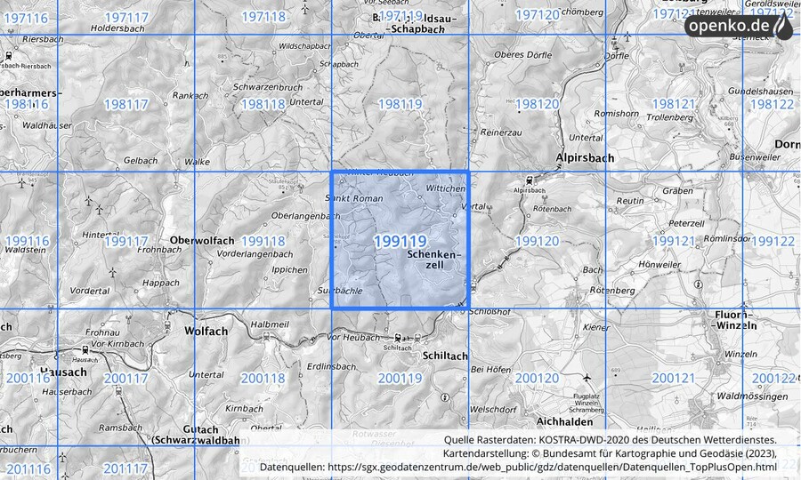 Übersichtskarte des KOSTRA-DWD-2020-Rasterfeldes Nr. 199119