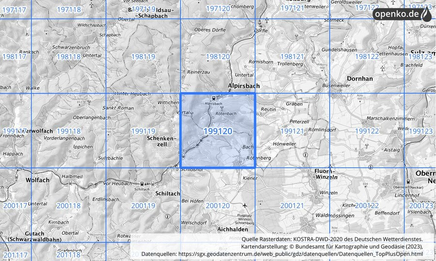 Übersichtskarte des KOSTRA-DWD-2020-Rasterfeldes Nr. 199120