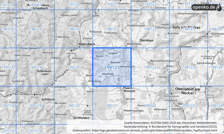 Übersichtskarte des KOSTRA-DWD-2020-Rasterfeldes Nr. 199121