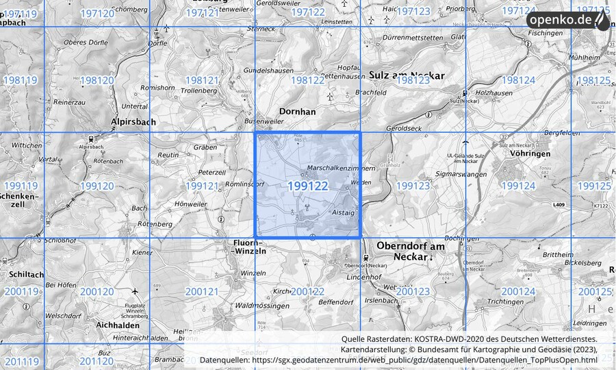 Übersichtskarte des KOSTRA-DWD-2020-Rasterfeldes Nr. 199122