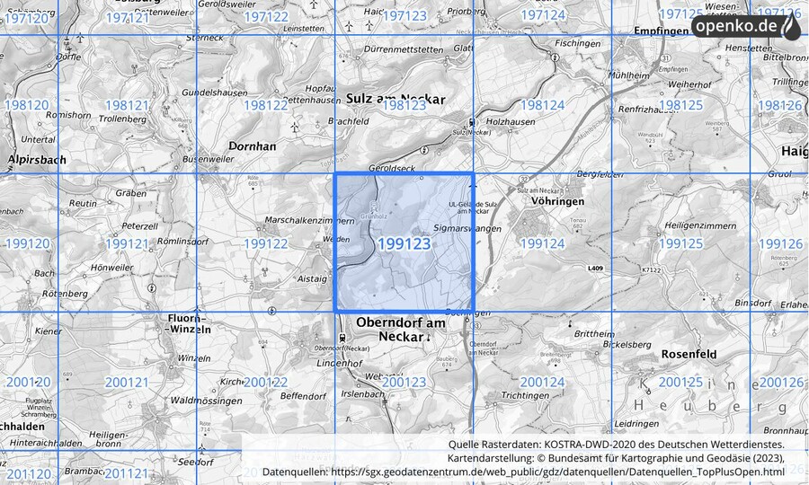 Übersichtskarte des KOSTRA-DWD-2020-Rasterfeldes Nr. 199123