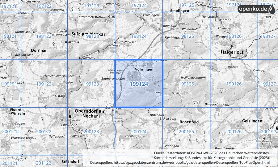 Übersichtskarte des KOSTRA-DWD-2020-Rasterfeldes Nr. 199124