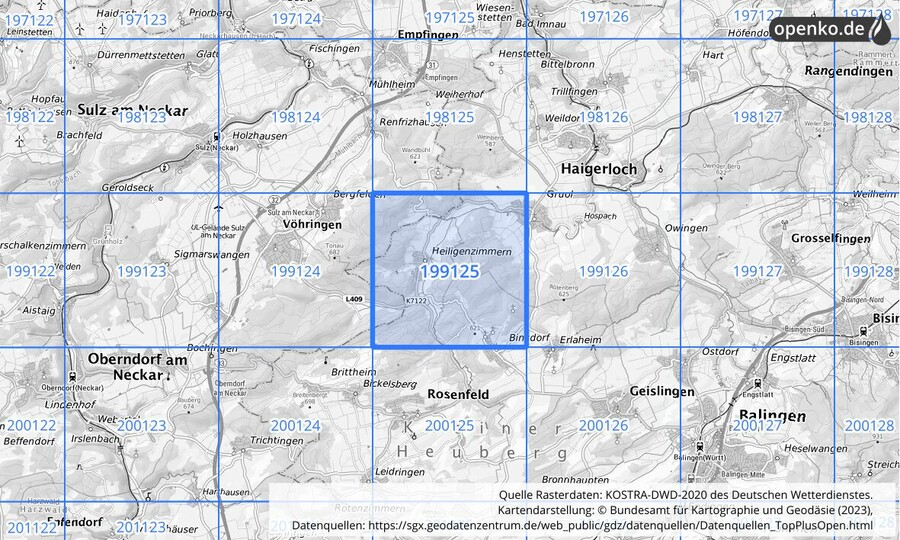 Übersichtskarte des KOSTRA-DWD-2020-Rasterfeldes Nr. 199125