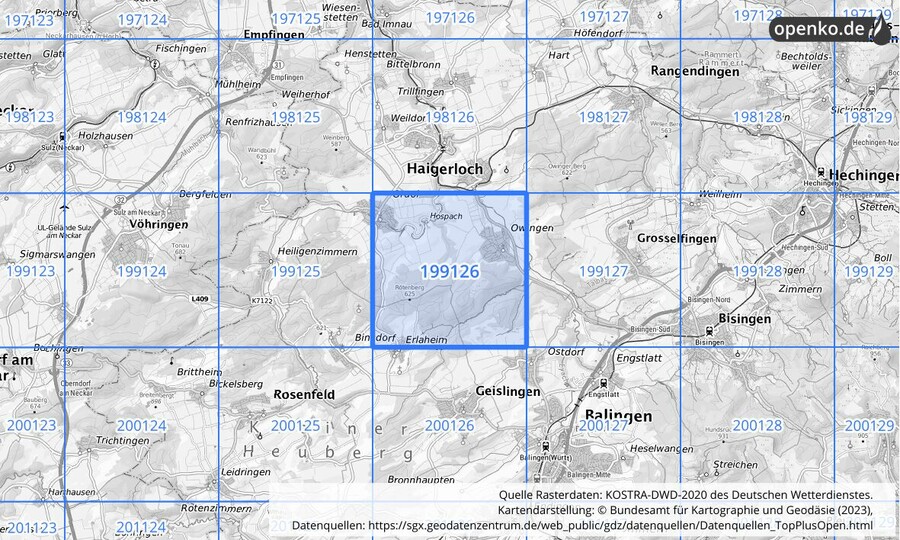 Übersichtskarte des KOSTRA-DWD-2020-Rasterfeldes Nr. 199126