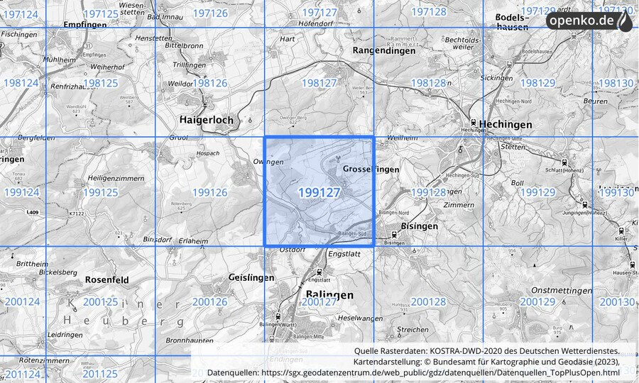 Übersichtskarte des KOSTRA-DWD-2020-Rasterfeldes Nr. 199127