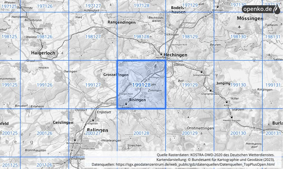 Übersichtskarte des KOSTRA-DWD-2020-Rasterfeldes Nr. 199128