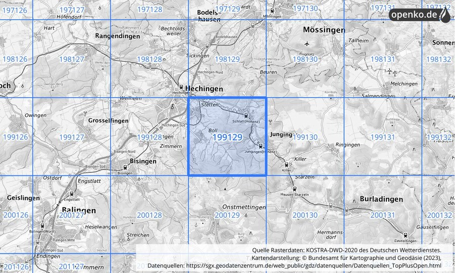 Übersichtskarte des KOSTRA-DWD-2020-Rasterfeldes Nr. 199129