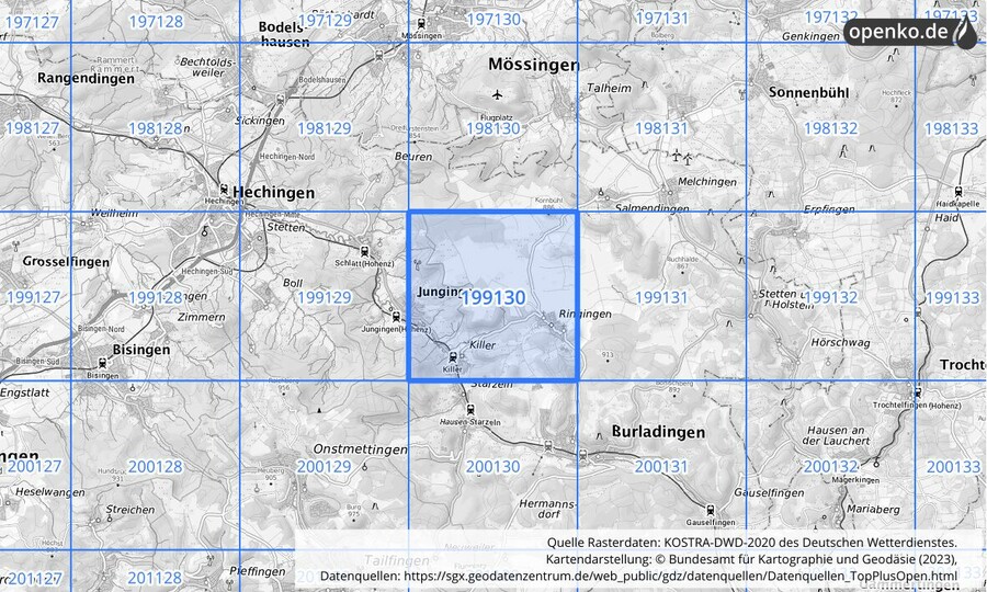 Übersichtskarte des KOSTRA-DWD-2020-Rasterfeldes Nr. 199130