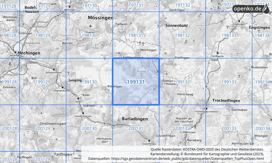 Übersichtskarte des KOSTRA-DWD-2020-Rasterfeldes Nr. 199131
