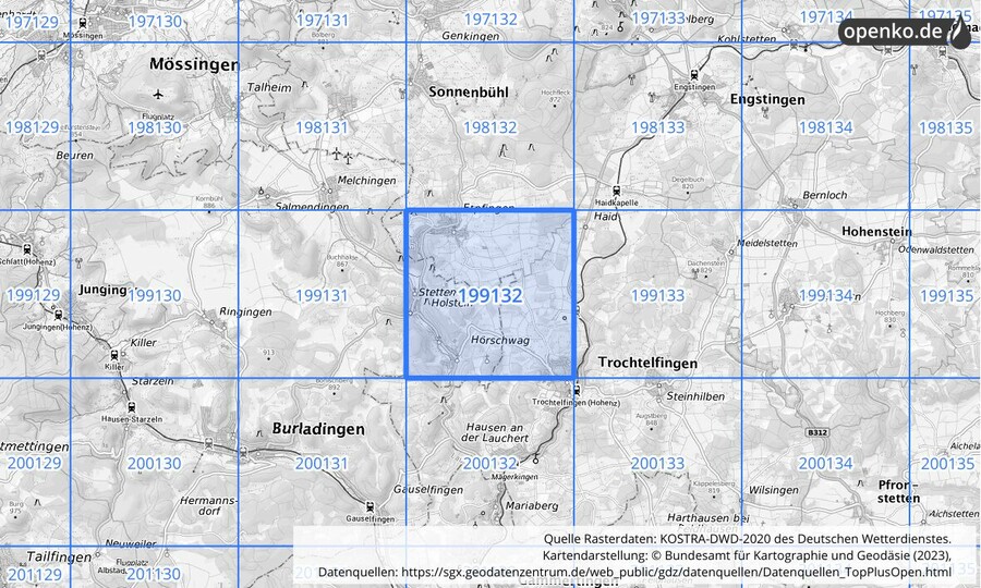 Übersichtskarte des KOSTRA-DWD-2020-Rasterfeldes Nr. 199132