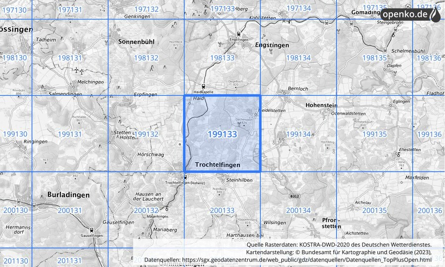 Übersichtskarte des KOSTRA-DWD-2020-Rasterfeldes Nr. 199133