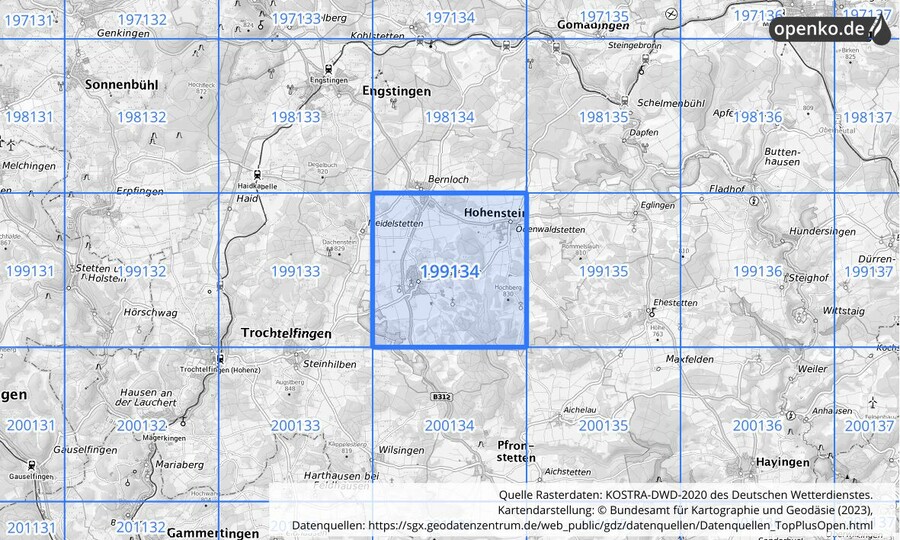 Übersichtskarte des KOSTRA-DWD-2020-Rasterfeldes Nr. 199134