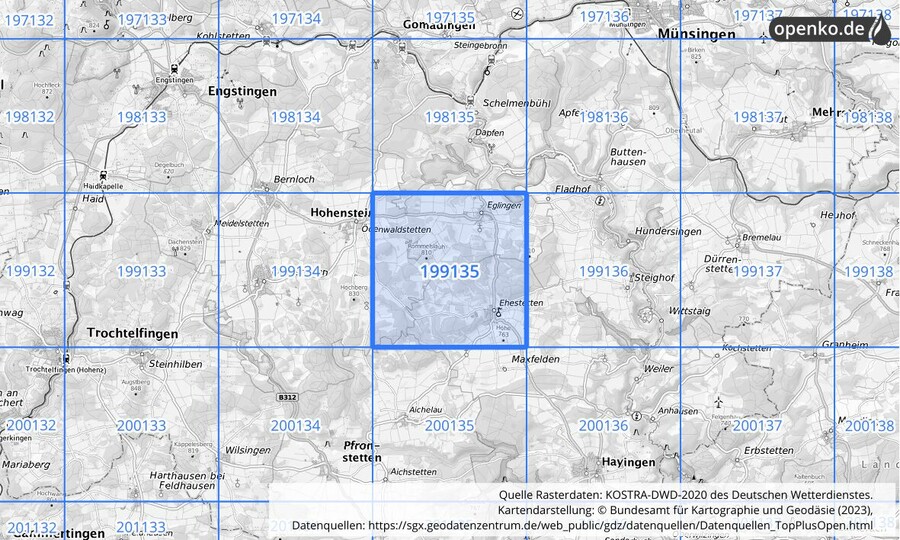 Übersichtskarte des KOSTRA-DWD-2020-Rasterfeldes Nr. 199135