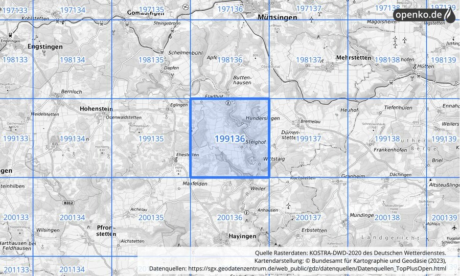 Übersichtskarte des KOSTRA-DWD-2020-Rasterfeldes Nr. 199136