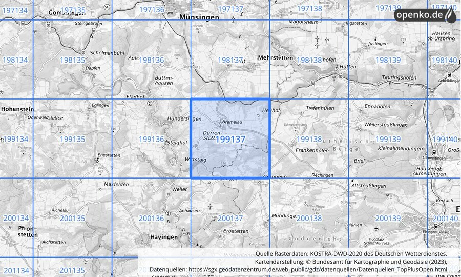 Übersichtskarte des KOSTRA-DWD-2020-Rasterfeldes Nr. 199137