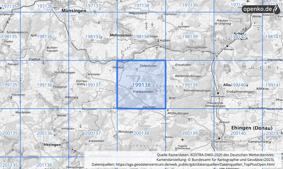 Übersichtskarte des KOSTRA-DWD-2020-Rasterfeldes Nr. 199138