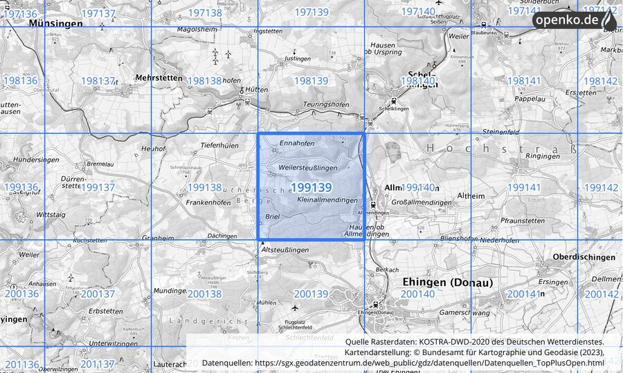 Übersichtskarte des KOSTRA-DWD-2020-Rasterfeldes Nr. 199139