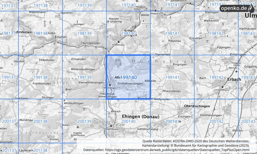 Übersichtskarte des KOSTRA-DWD-2020-Rasterfeldes Nr. 199140