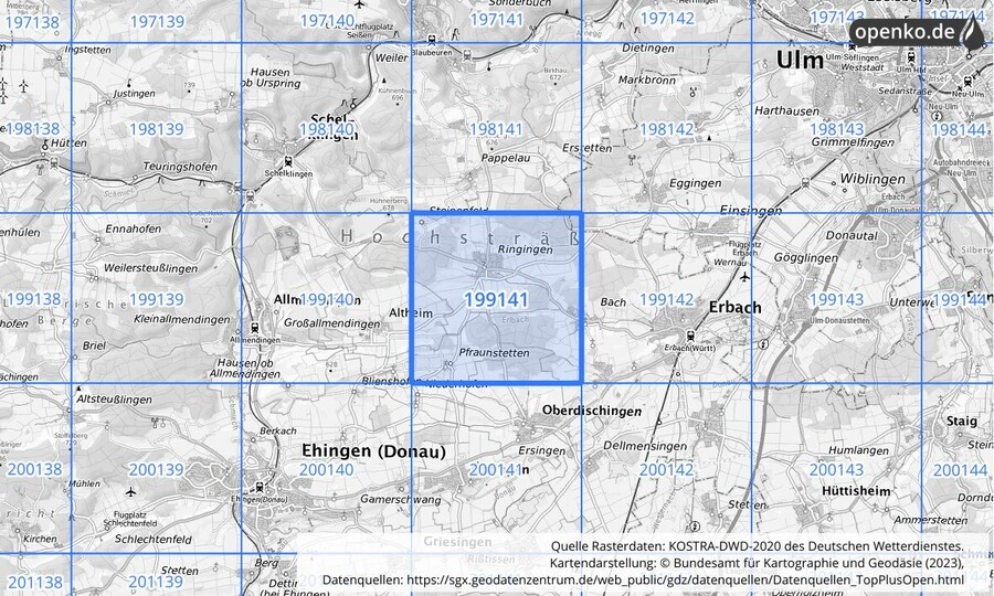 Übersichtskarte des KOSTRA-DWD-2020-Rasterfeldes Nr. 199141