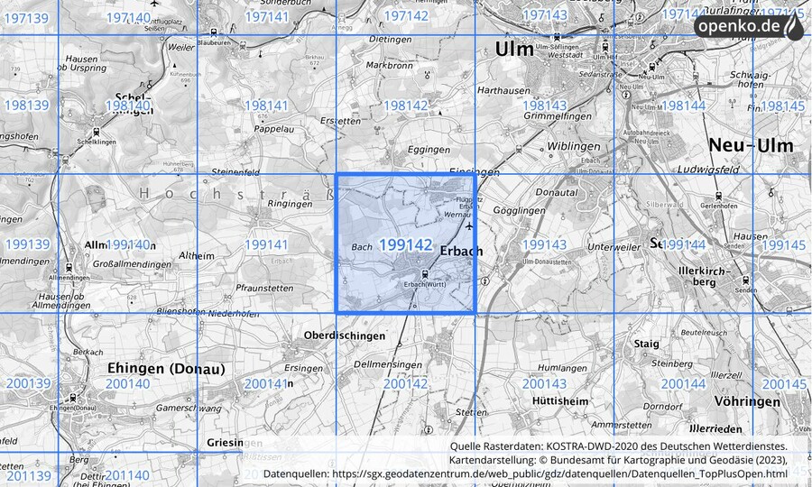 Übersichtskarte des KOSTRA-DWD-2020-Rasterfeldes Nr. 199142