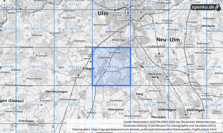 Übersichtskarte des KOSTRA-DWD-2020-Rasterfeldes Nr. 199143