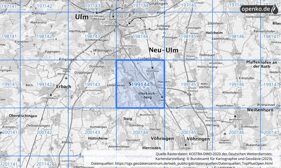 Übersichtskarte des KOSTRA-DWD-2020-Rasterfeldes Nr. 199144