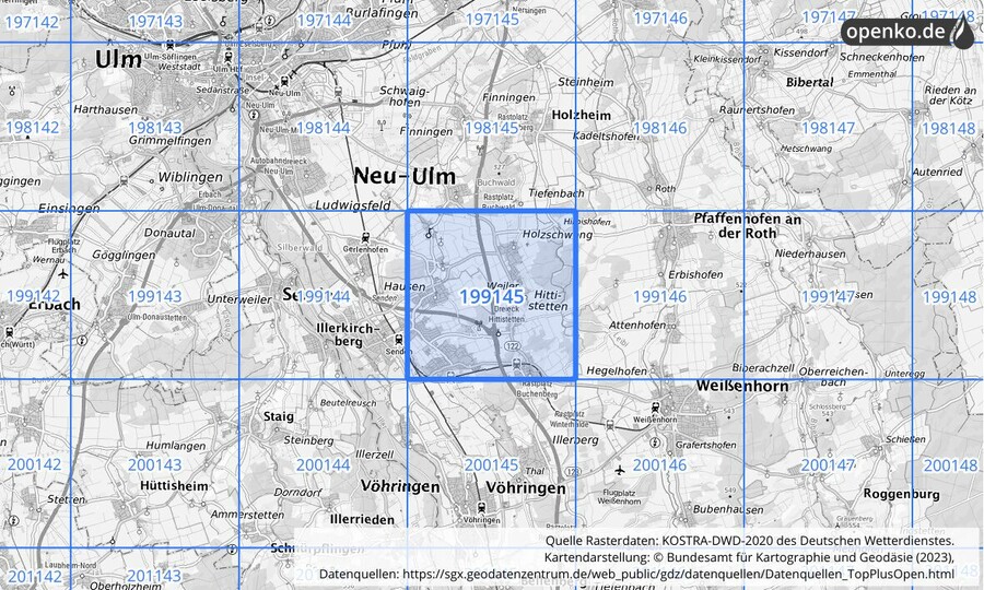 Übersichtskarte des KOSTRA-DWD-2020-Rasterfeldes Nr. 199145