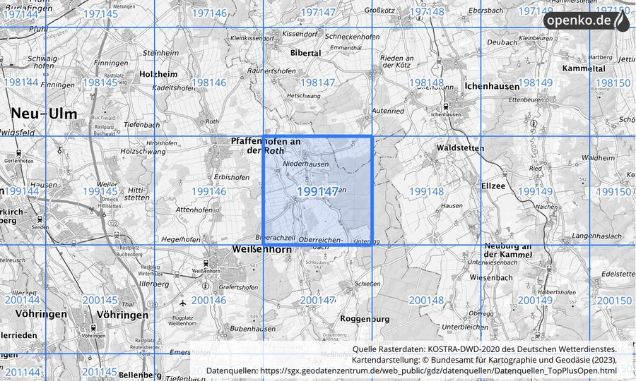 Übersichtskarte des KOSTRA-DWD-2020-Rasterfeldes Nr. 199147