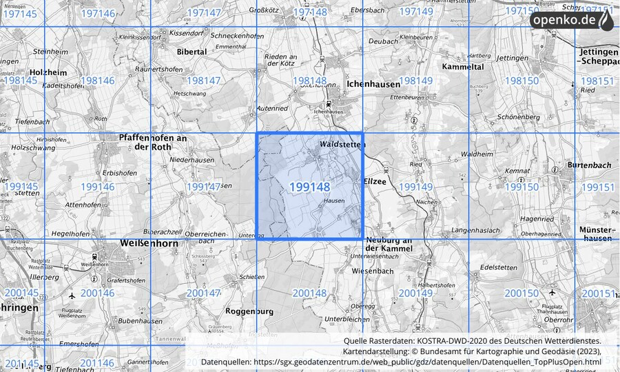 Übersichtskarte des KOSTRA-DWD-2020-Rasterfeldes Nr. 199148