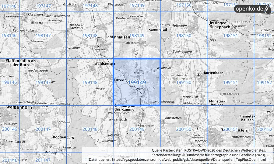 Übersichtskarte des KOSTRA-DWD-2020-Rasterfeldes Nr. 199149