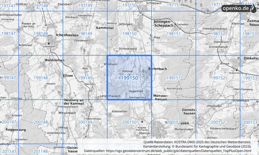 Übersichtskarte des KOSTRA-DWD-2020-Rasterfeldes Nr. 199150