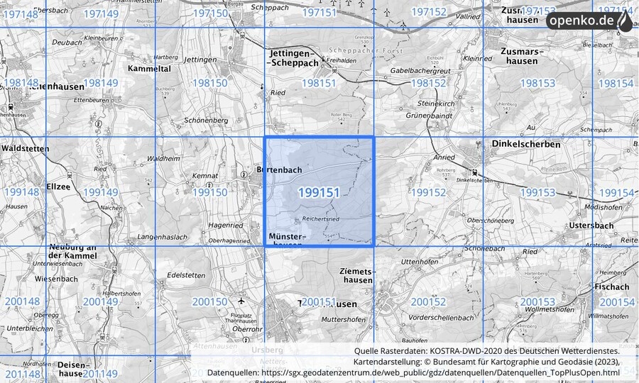 Übersichtskarte des KOSTRA-DWD-2020-Rasterfeldes Nr. 199151