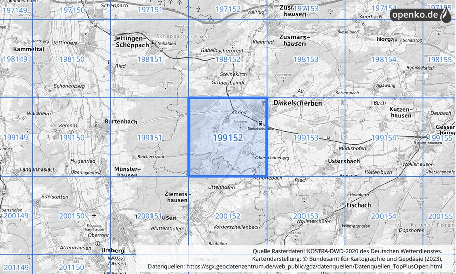 Übersichtskarte des KOSTRA-DWD-2020-Rasterfeldes Nr. 199152