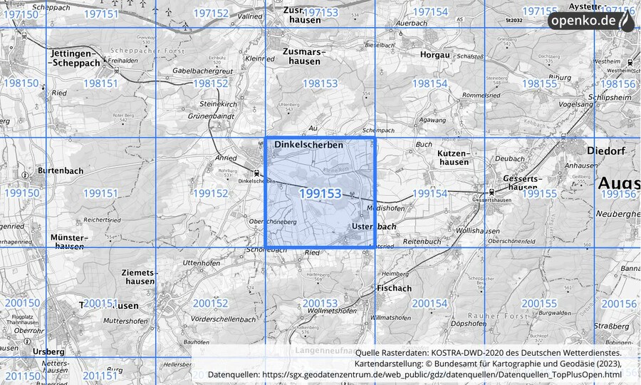 Übersichtskarte des KOSTRA-DWD-2020-Rasterfeldes Nr. 199153