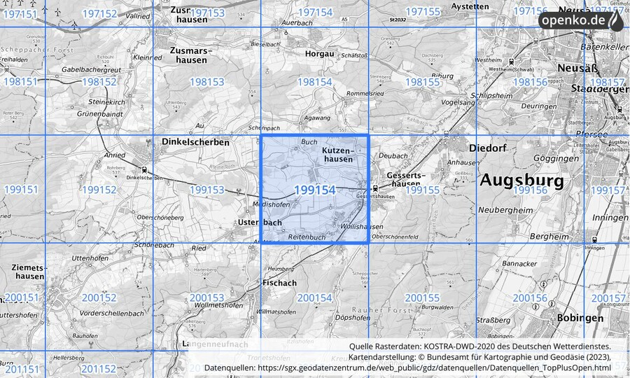 Übersichtskarte des KOSTRA-DWD-2020-Rasterfeldes Nr. 199154