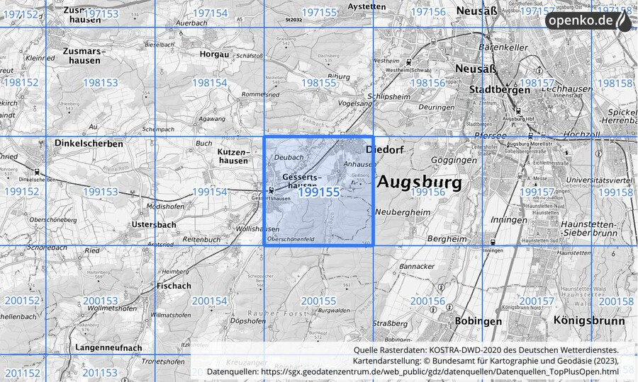 Übersichtskarte des KOSTRA-DWD-2020-Rasterfeldes Nr. 199155