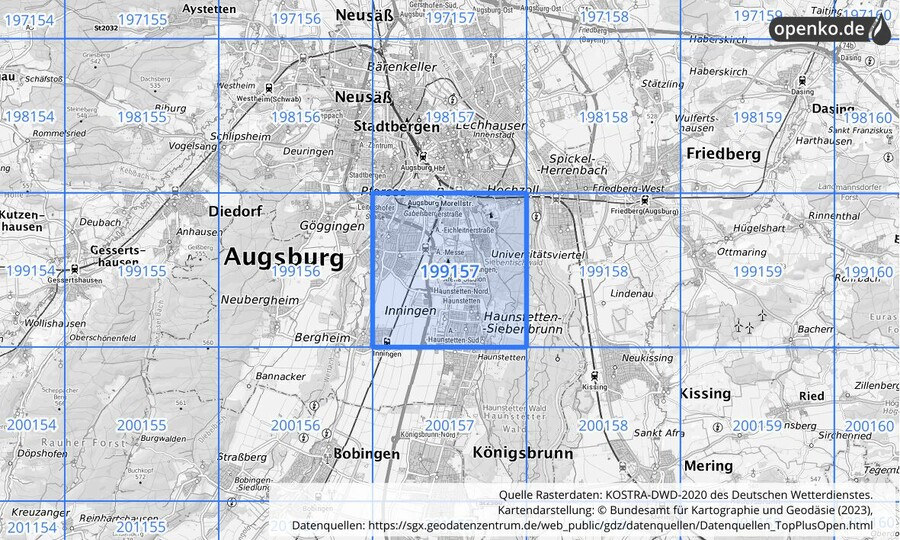 Übersichtskarte des KOSTRA-DWD-2020-Rasterfeldes Nr. 199157