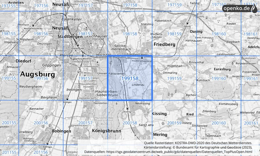 Übersichtskarte des KOSTRA-DWD-2020-Rasterfeldes Nr. 199158