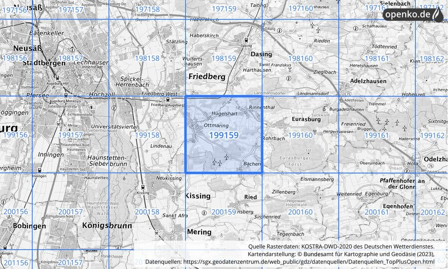 Übersichtskarte des KOSTRA-DWD-2020-Rasterfeldes Nr. 199159