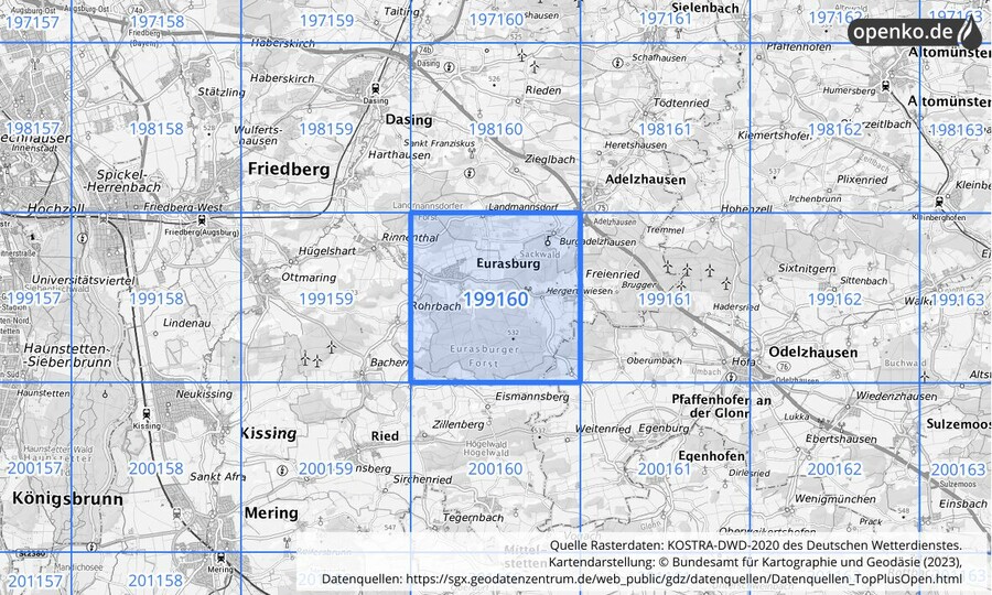 Übersichtskarte des KOSTRA-DWD-2020-Rasterfeldes Nr. 199160