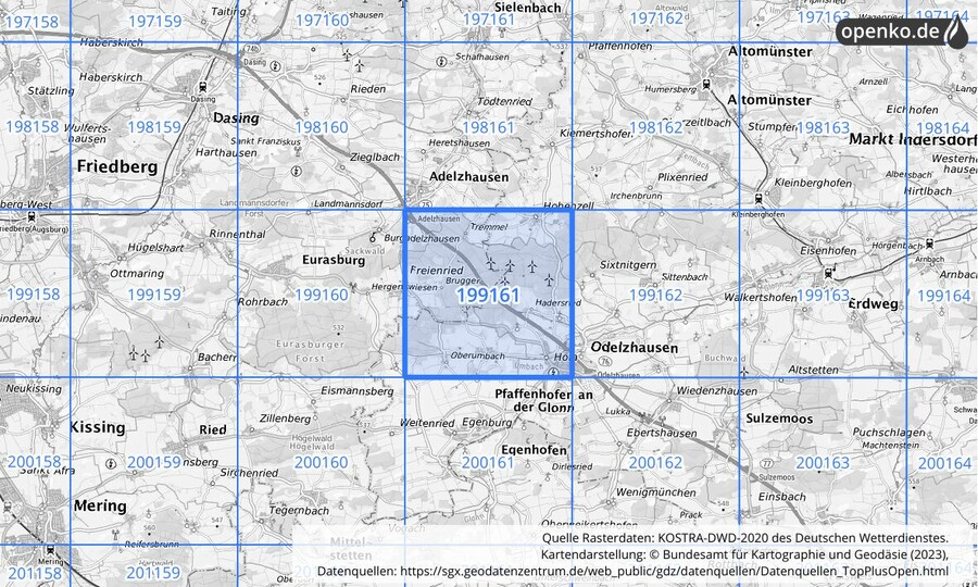 Übersichtskarte des KOSTRA-DWD-2020-Rasterfeldes Nr. 199161