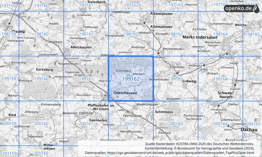 Übersichtskarte des KOSTRA-DWD-2020-Rasterfeldes Nr. 199162