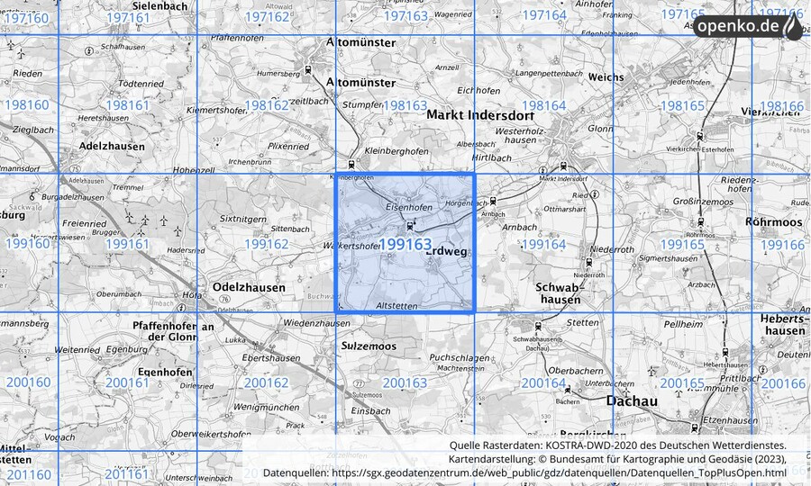 Übersichtskarte des KOSTRA-DWD-2020-Rasterfeldes Nr. 199163