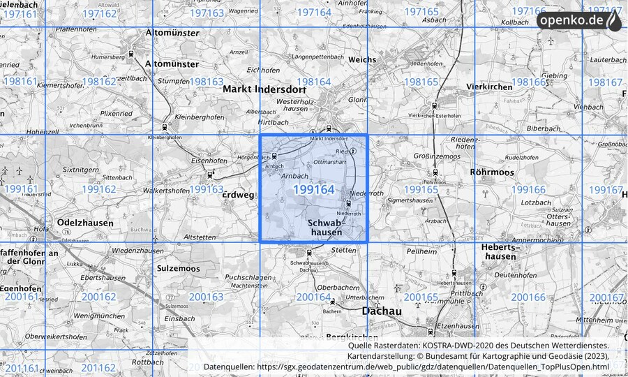 Übersichtskarte des KOSTRA-DWD-2020-Rasterfeldes Nr. 199164