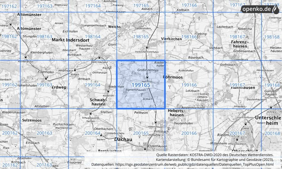 Übersichtskarte des KOSTRA-DWD-2020-Rasterfeldes Nr. 199165