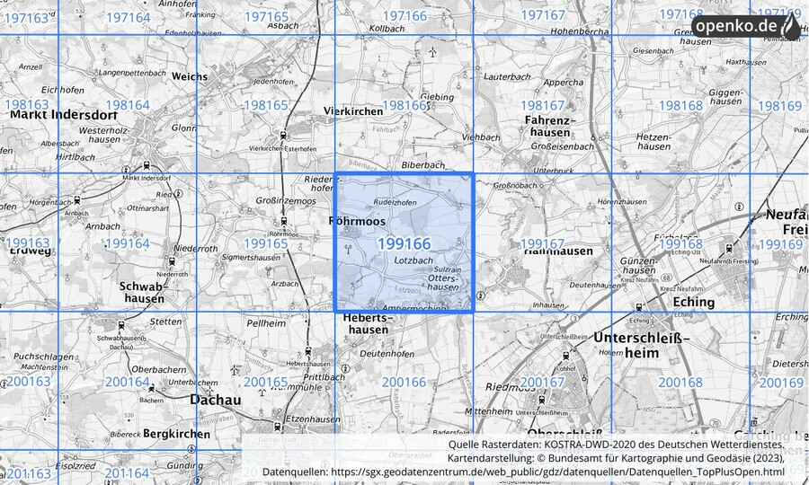 Übersichtskarte des KOSTRA-DWD-2020-Rasterfeldes Nr. 199166