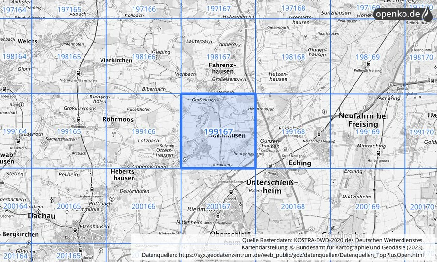 Übersichtskarte des KOSTRA-DWD-2020-Rasterfeldes Nr. 199167