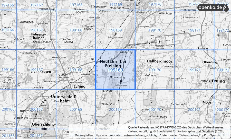 Übersichtskarte des KOSTRA-DWD-2020-Rasterfeldes Nr. 199169